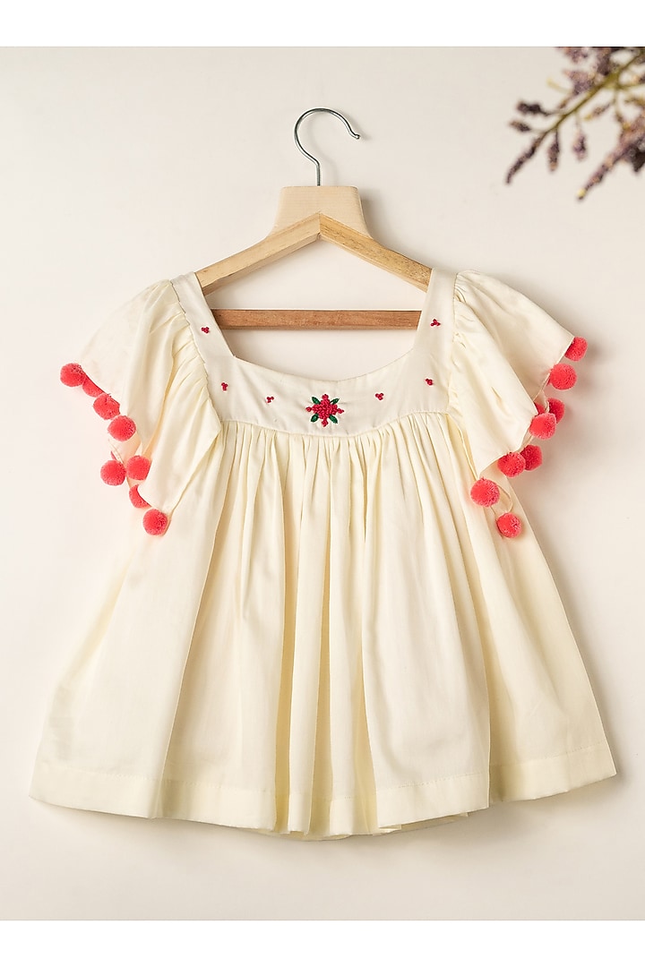 Off-White Cotton Hand Embroidered Dress For Girls by Darleen Kids Couture at Pernia's Pop Up Shop