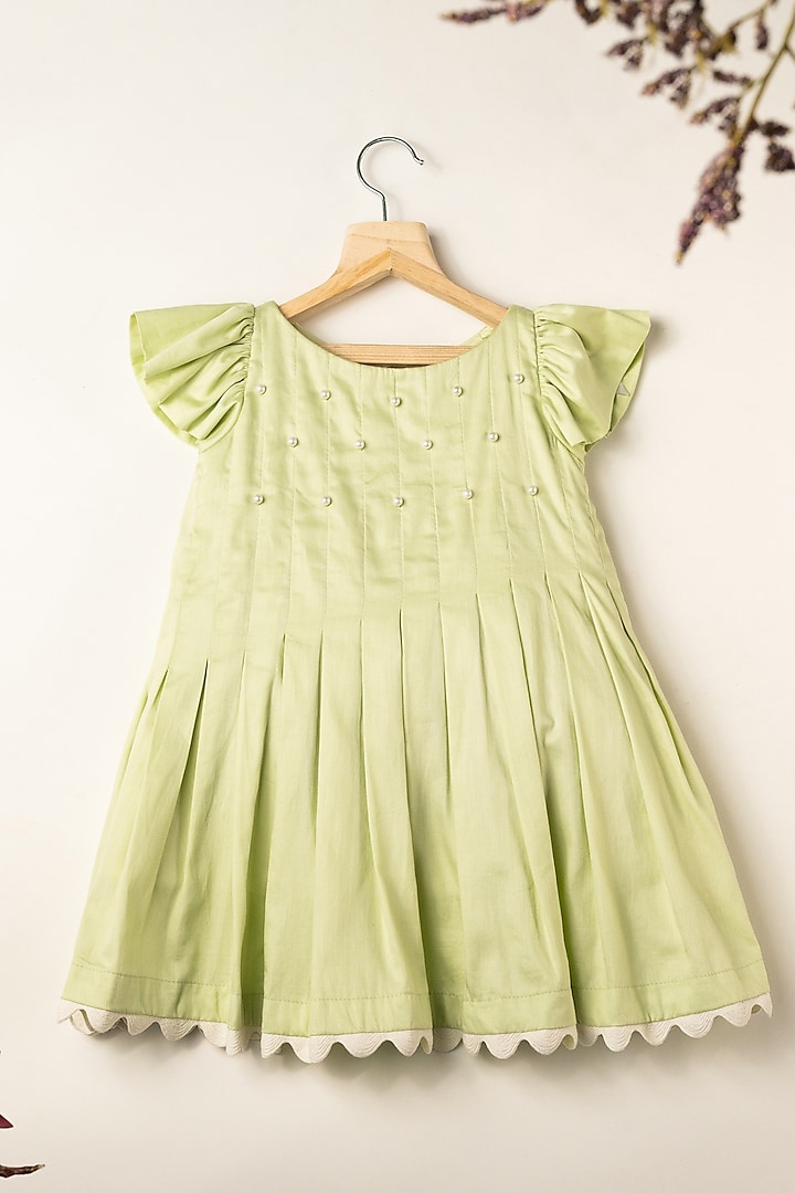 Green Cotton Pearl Pleated Dress For Girls by Darleen Kids Couture at Pernia's Pop Up Shop
