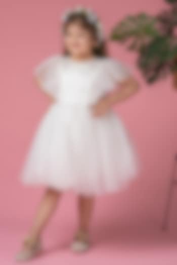 White Net & Satin Knee Length Dress For Girls by Darleen Kids Couture
