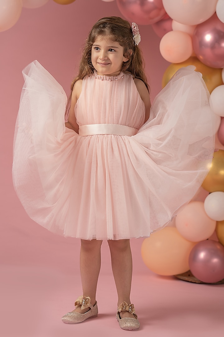 Peach Pink Net Dress For Girls by Darleen Kids Couture