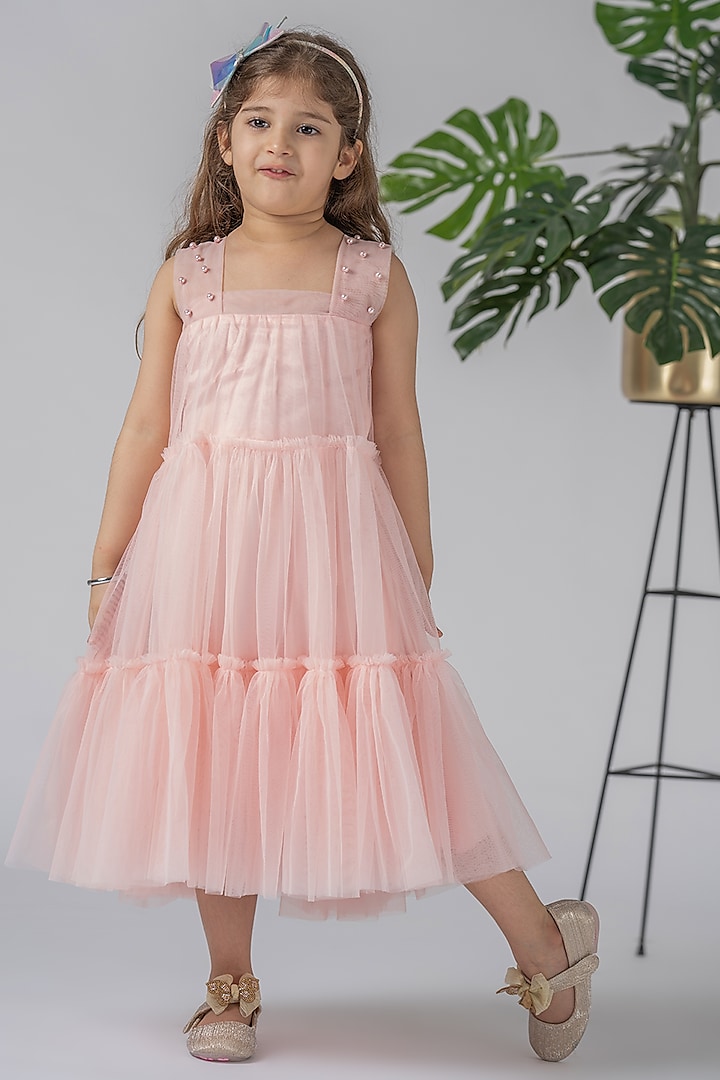 Peach Pink Net Maxi Dress For Girls by Darleen Kids Couture