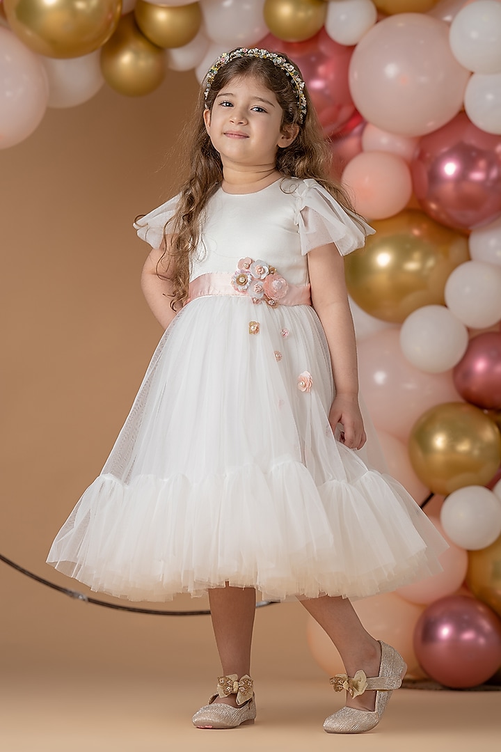 White Net Tea Length Dress For Girls by Darleen Kids Couture