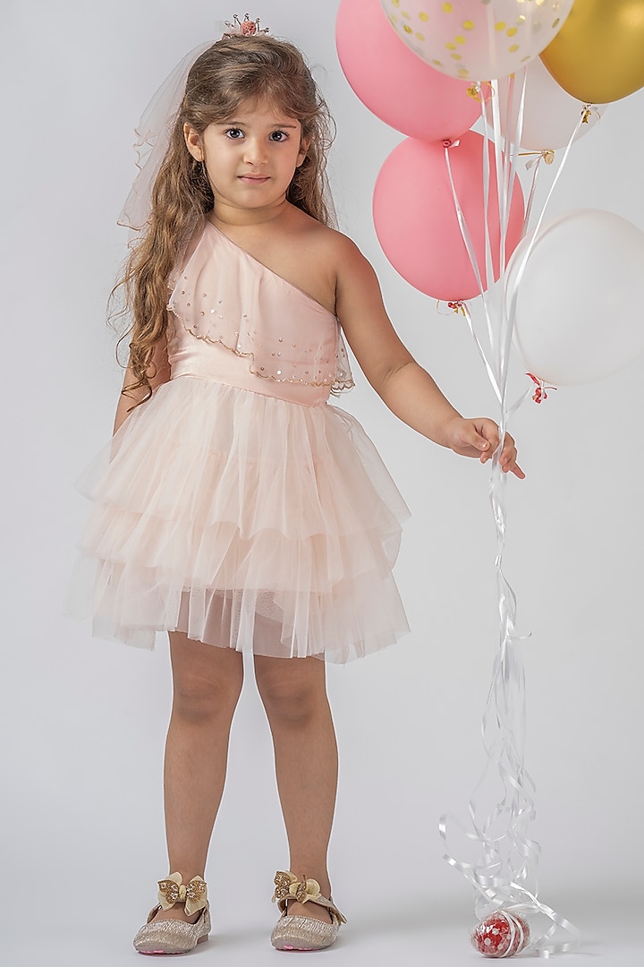 Blush Pink Hand Embroidered Dress For Girls by Darleen Kids Couture