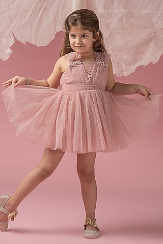 Dusty Rose Embroidered Mini Dress For Girls by Darleen Kids Couture