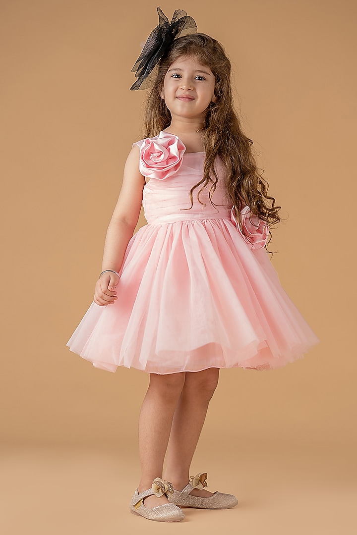 Pink Net Mini Dress For Girls by Darleen Kids Couture