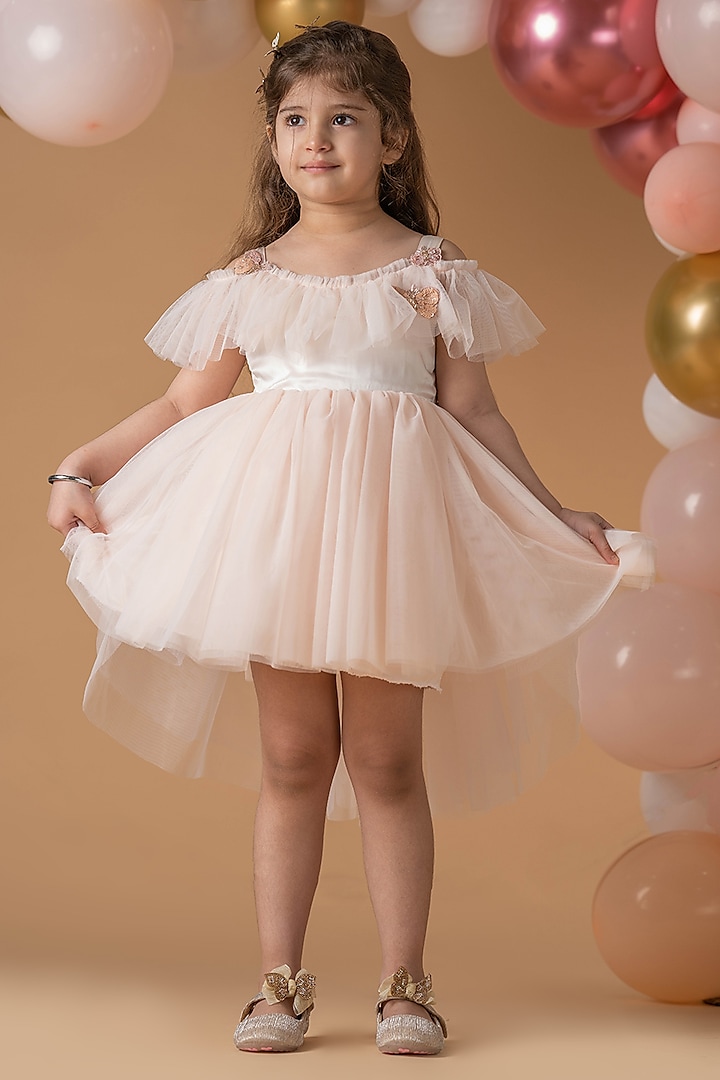 Blush Pink Hand Embroidered Off-Shoulder Dress For Girls by Darleen Kids Couture