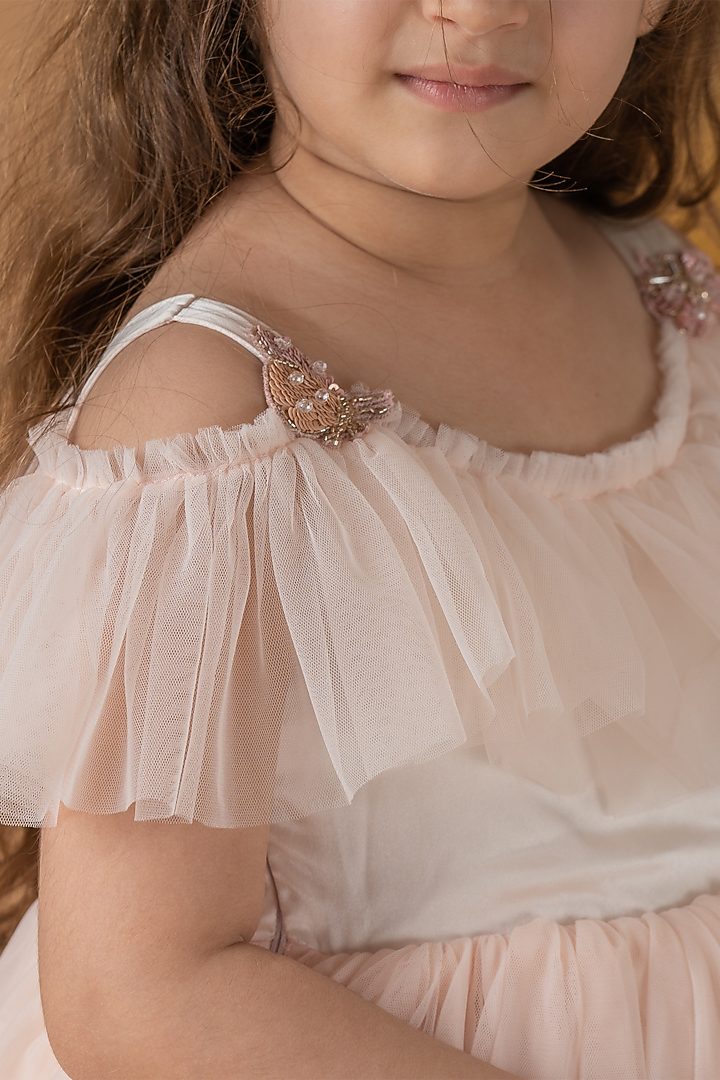 Blush Pink Hand Embroidered Off-Shoulder Dress For Girls by Darleen Kids Couture at Pernia's Pop Up Shop