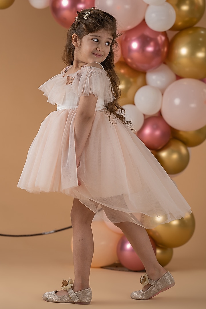 Blush Pink Hand Embroidered Off-Shoulder Dress For Girls by Darleen Kids Couture at Pernia's Pop Up Shop