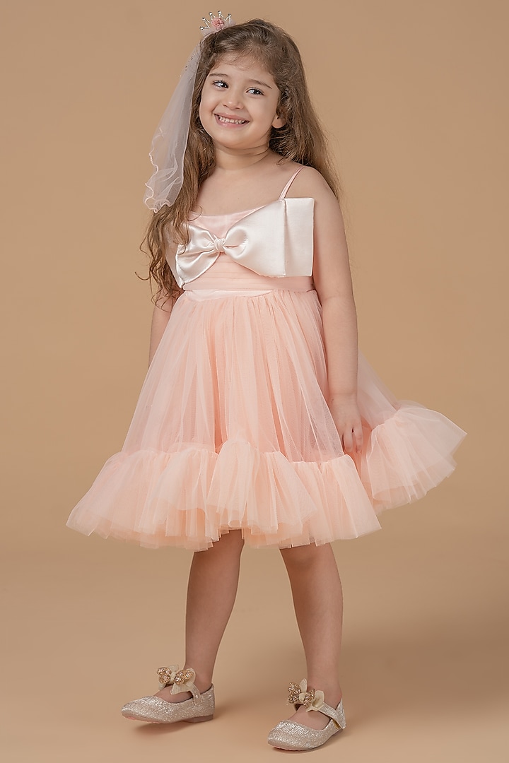 Peach Pink Net & Satin Dress For Girls by Darleen Kids Couture at Pernia's Pop Up Shop