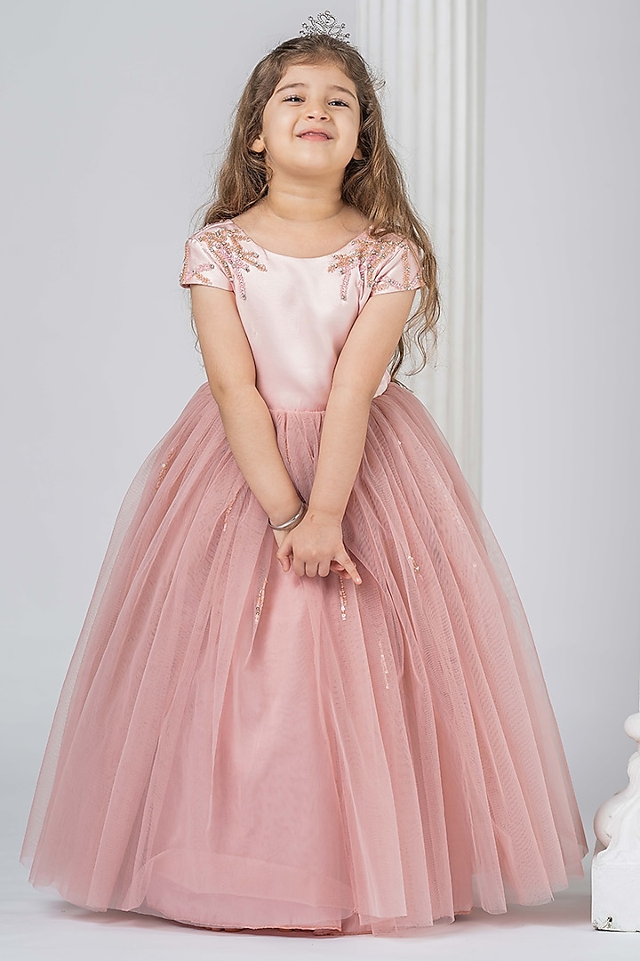 Dusty Rose Hand Embroidered Gown For Girls by Darleen Kids Couture at Pernia's Pop Up Shop