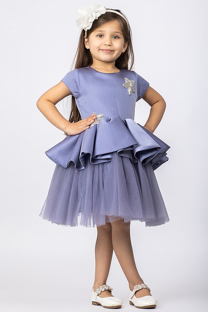 Blue Hand Embroidered Dress For Girls by Darleen Kids Couture