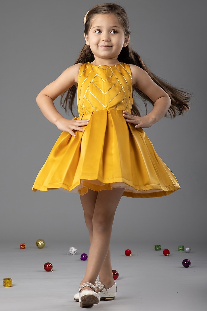 Mustard Milano Satin Dress For Girls by Darleen Kids Couture