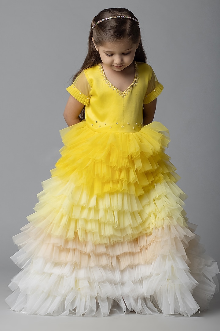 White & Yellow Hand Embroidered Gown For Girls by Darleen Kids Couture