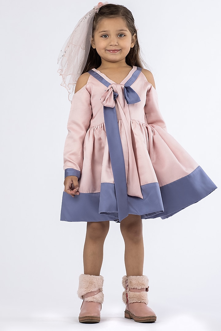 Pink & Blue Satin Mini Dress For Girls by Darleen Kids Couture