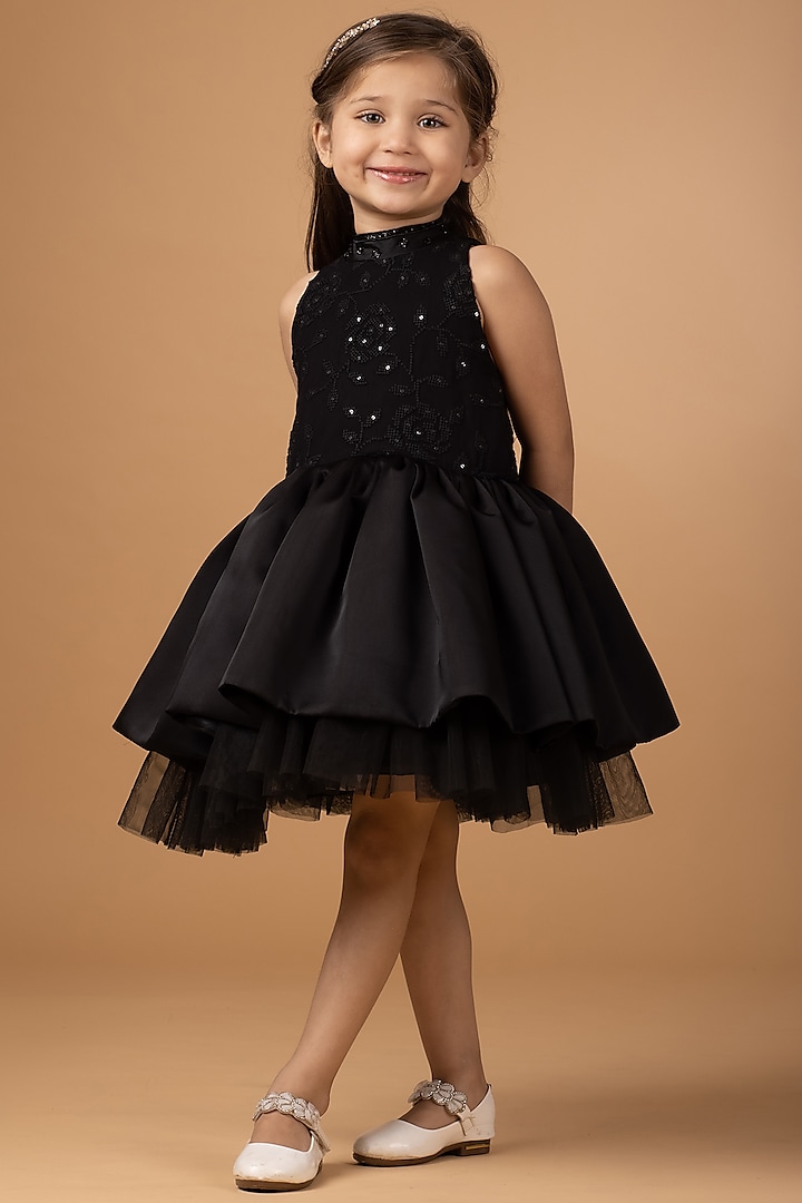 Black Hand Embroidered Mini Dress For Girls by Darleen Kids Couture