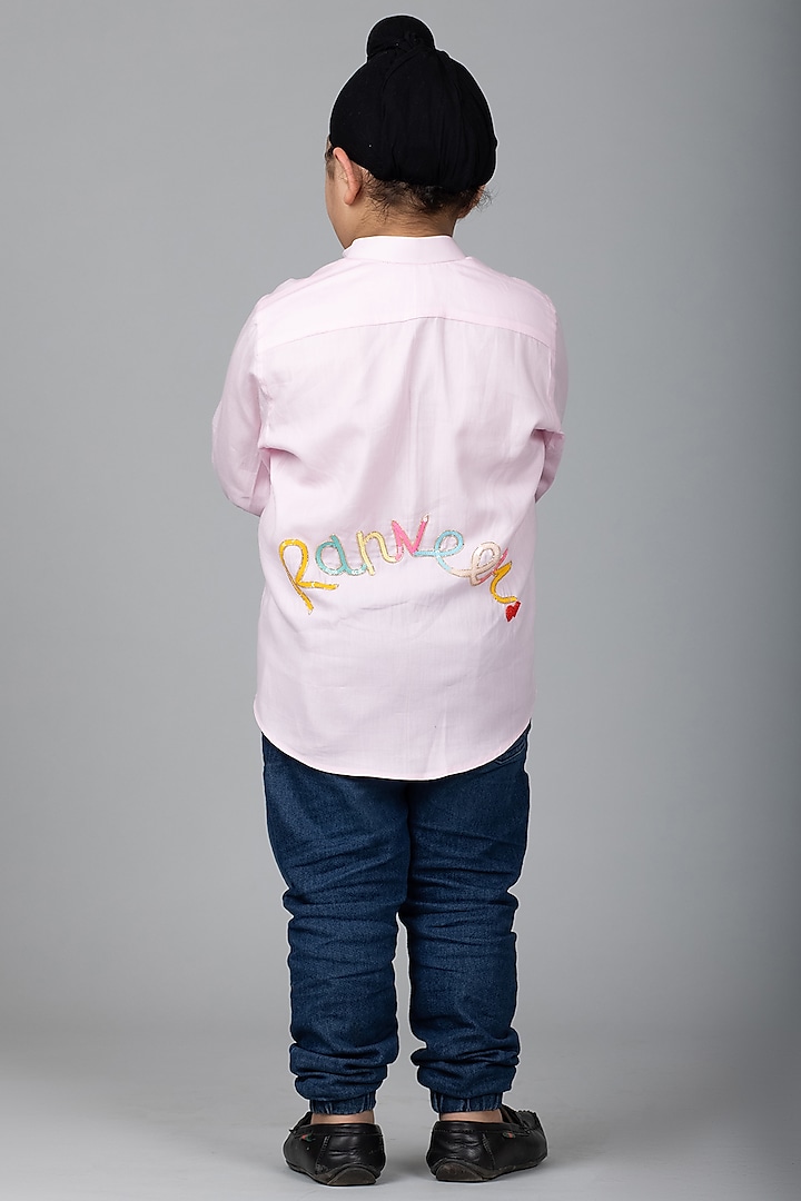 Pink Hand Embroidered Shirt For Boys by Darleen Kids Couture