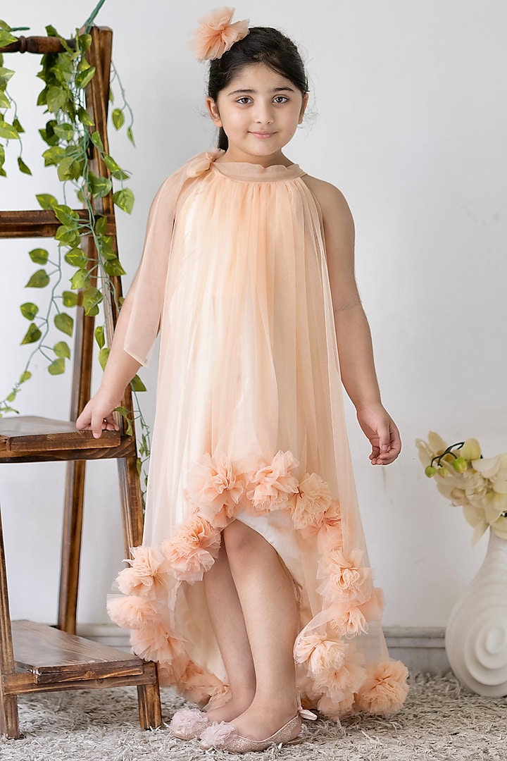 Peach Net High-Low Dress For Girls by Darleen Kids Couture