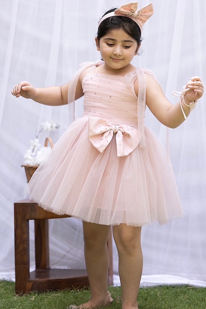 Dusty Pink Hand Embroidered Mini Dress For Girls by Darleen Kids Couture