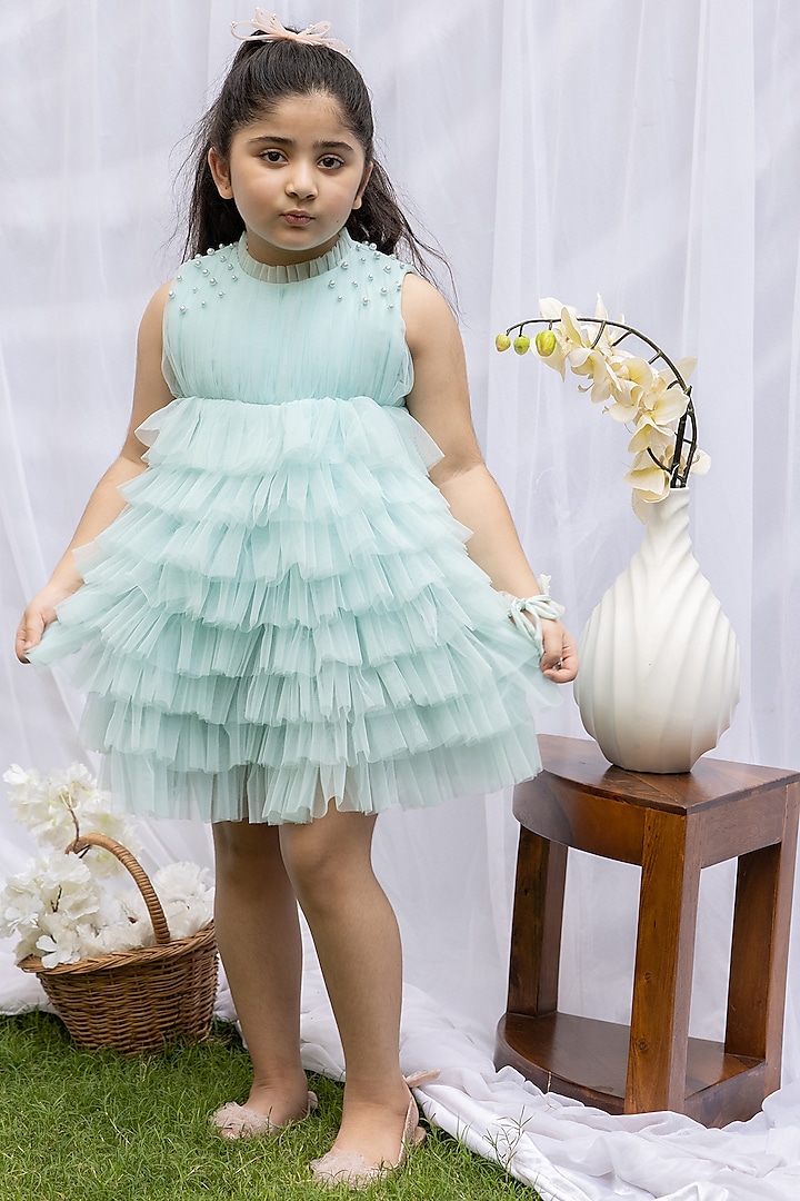 Ice Blue Net Mini Frilled Dress For Girls by Darleen Kids Couture