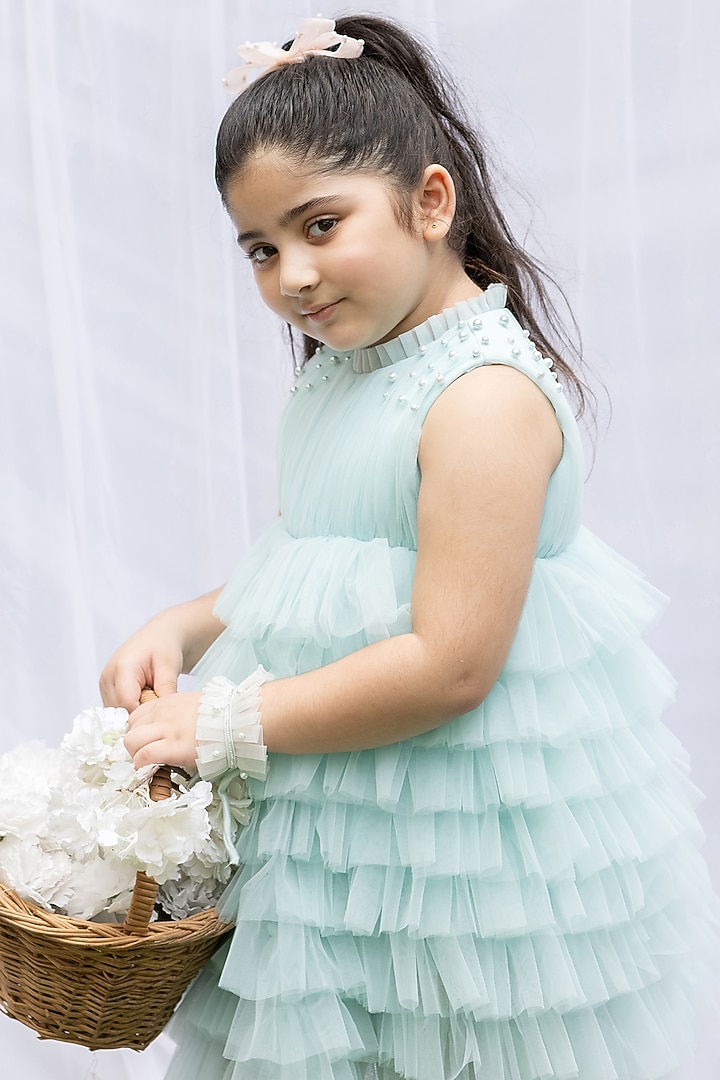 Ice Blue Net Mini Frilled Dress For Girls by Darleen Kids Couture at Pernia's Pop Up Shop
