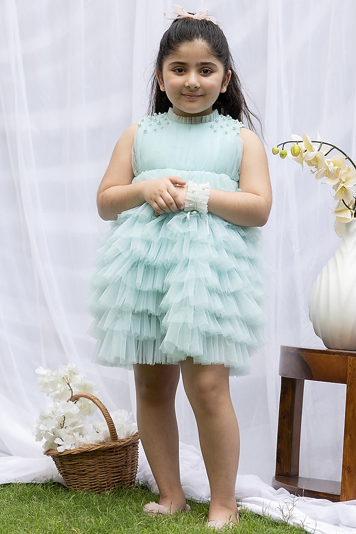 Ice Blue Net Mini Frilled Dress For Girls by Darleen Kids Couture at Pernia's Pop Up Shop