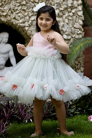 Light Green Net Frilled Dress For Girls by Darleen Kids Couture