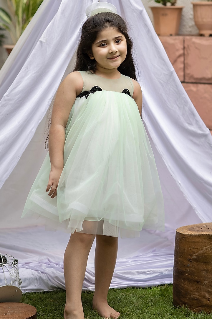 Mint Green Embellished Mini Dress For Girls by Darleen Kids Couture