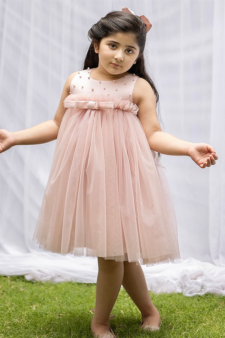 Dusty Pink Net & Satin Mini Dress For Girls by Darleen Kids Couture