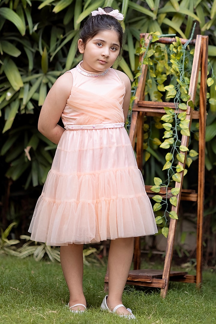 Peach Net & Satin Mini Dress For Girls by Darleen Kids Couture