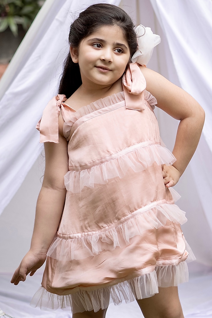 Peach Tussar Silk Mini Dress For Girls by Darleen Kids Couture