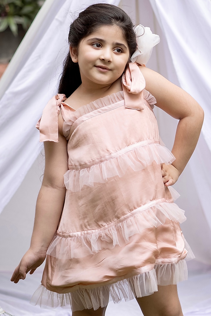 Peach Tussar Silk Mini Dress For Girls by Darleen Kids Couture at Pernia's Pop Up Shop