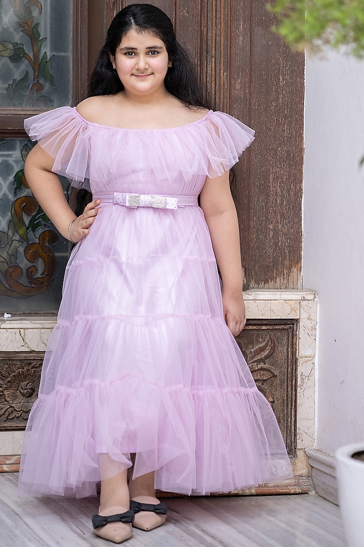 Lavender Net Maxi Dress For Girls by Darleen Kids Couture