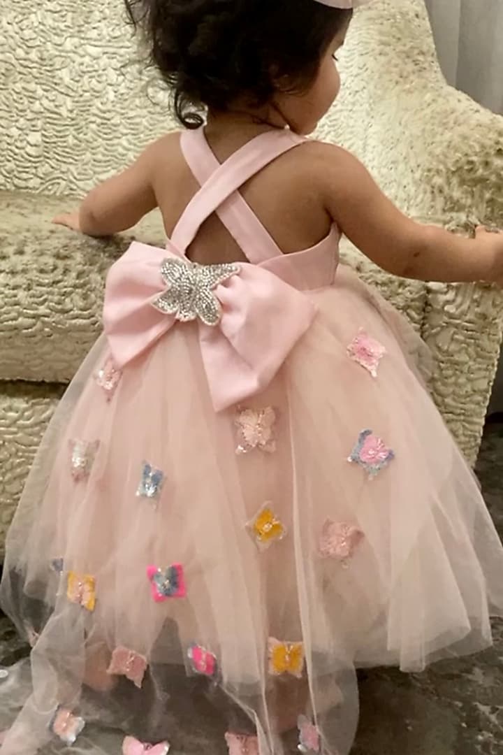Peach Pink Net MIni Dress For Girls by Darleen Kids Couture at Pernia's Pop Up Shop