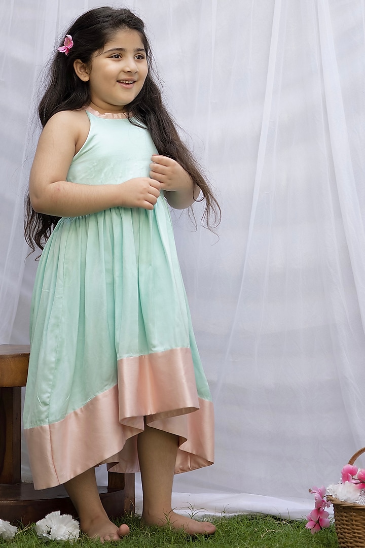 Powder Blue Tussar Silk Dress For Girls by Darleen Kids Couture