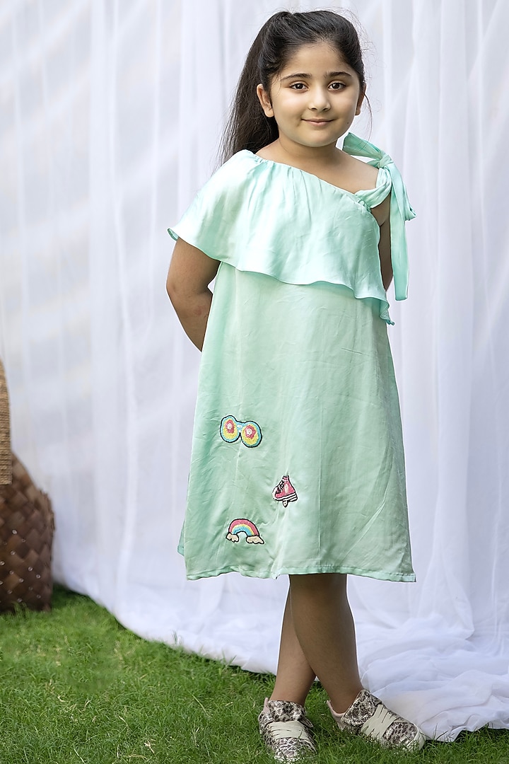 Powder Blue Tussar Silk Mini Dress For Girls by Darleen Kids Couture