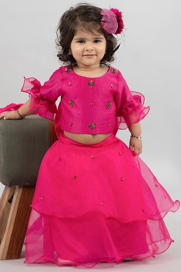 Magenta Chanderi Lehenga Set For Girls by Darleen Kids Couture