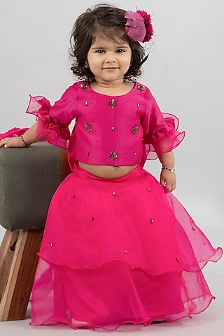 Magenta Chanderi Lehenga Set For Girls by Darleen Kids Couture