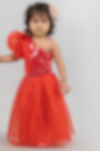 Red Chanderi Lehenga Set For Girls by Darleen Kids Couture