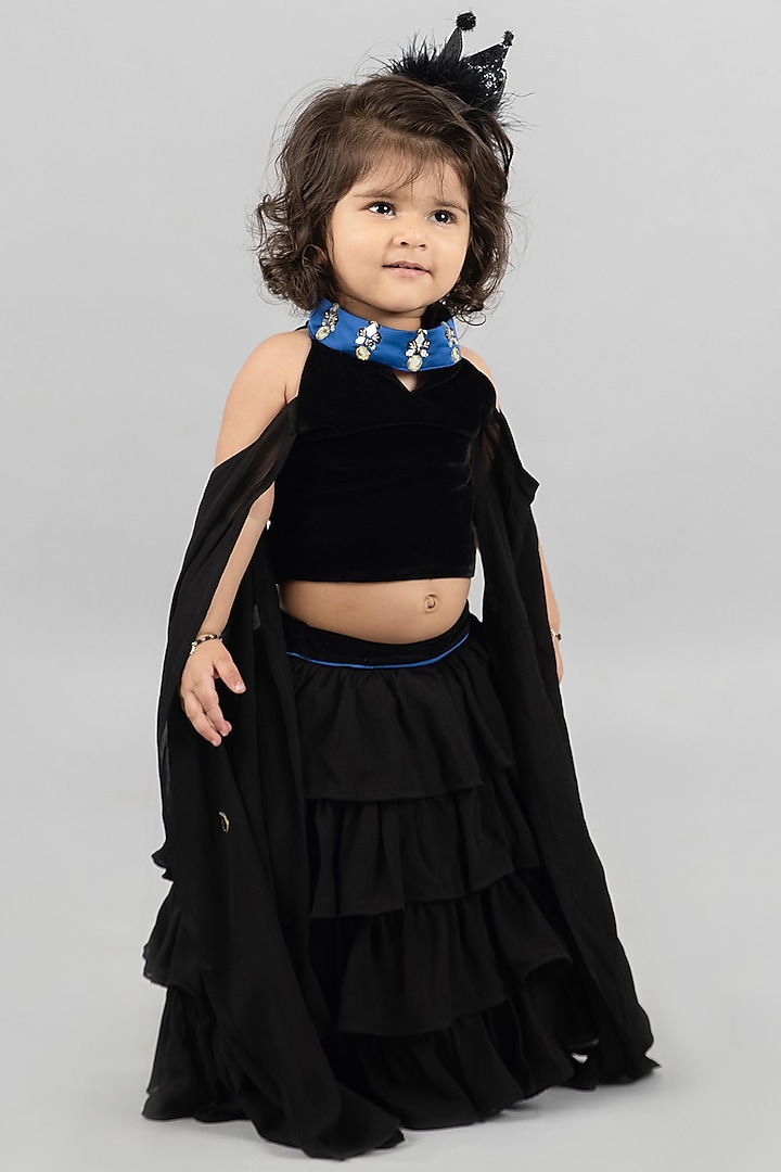 Black Satin Lehenga Set For Girls by Darleen Kids Couture