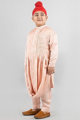 Nude Peach Pintucked Kurta Set For Boys by Darleen Kids Couture