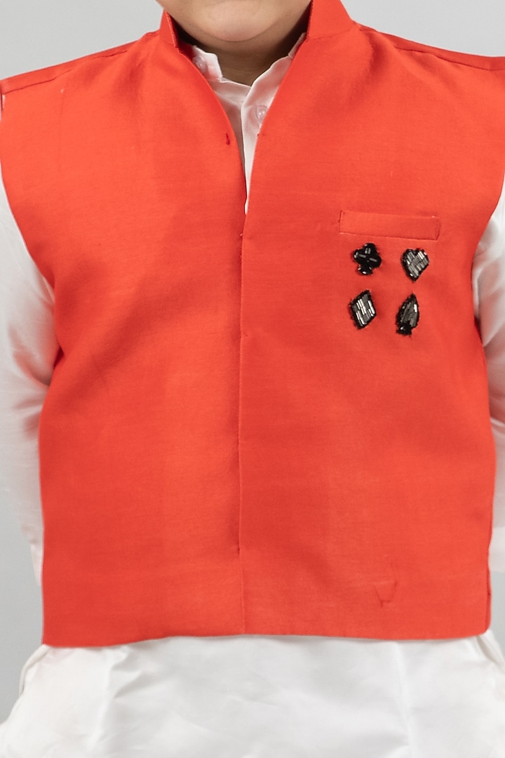 Tomato Red Chanderi Nehru Jacket For Boys by Darleen Kids Couture at Pernia's Pop Up Shop