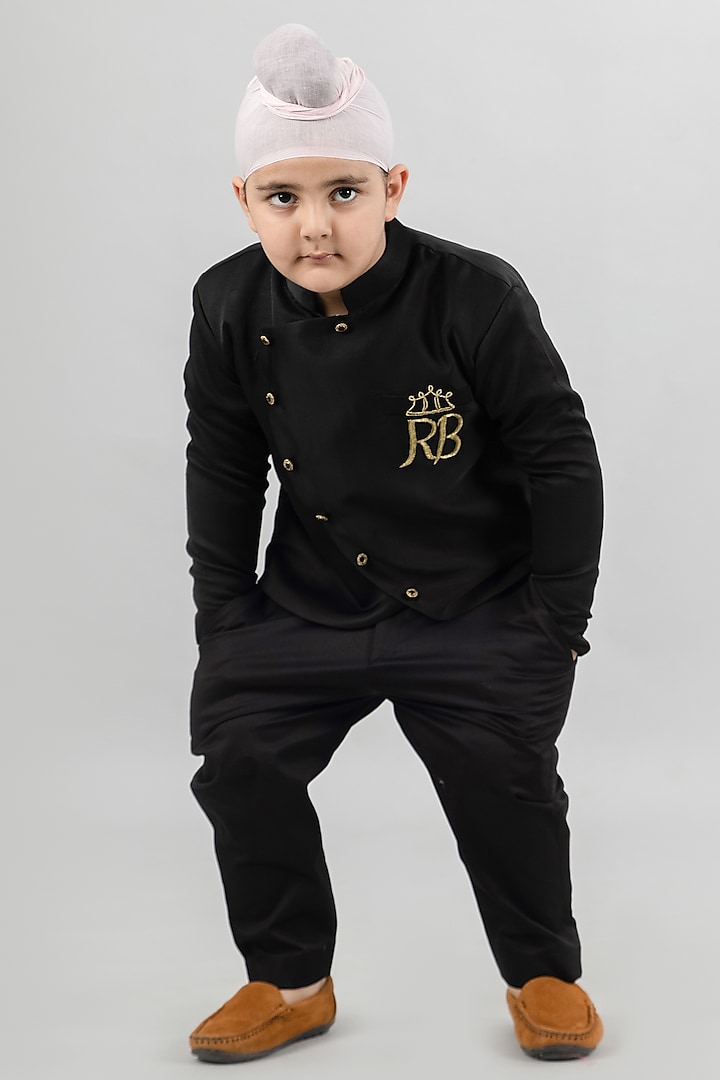 Black Tussar Satin Bandhgala Set For Boys by Darleen Kids Couture