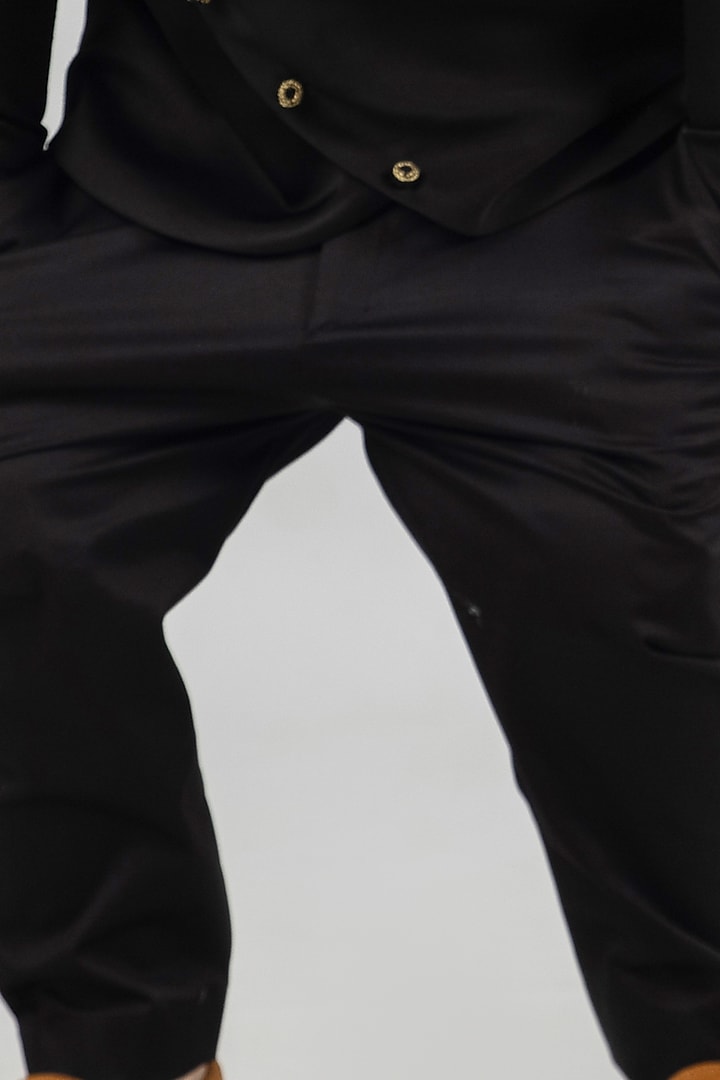 Black Tussar Satin Bandhgala Set For Boys by Darleen Kids Couture at Pernia's Pop Up Shop