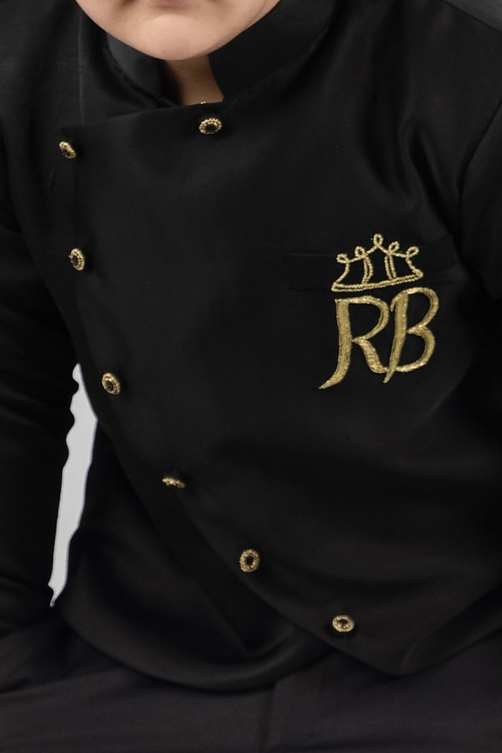 Black Tussar Satin Bandhgala Set For Boys by Darleen Kids Couture at Pernia's Pop Up Shop