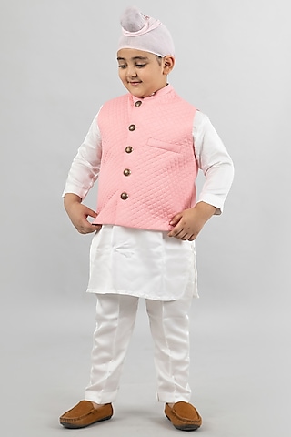 White Tussar Satin Kurta Set With Pink Bundi Jacket For Boys by Darleen Kids Couture