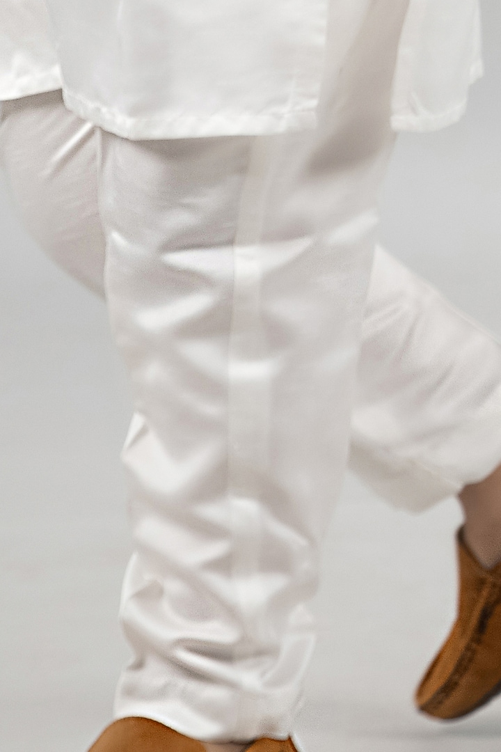 White Tussar Satin Kurta Set With Pink Bundi Jacket For Boys by Darleen Kids Couture at Pernia's Pop Up Shop