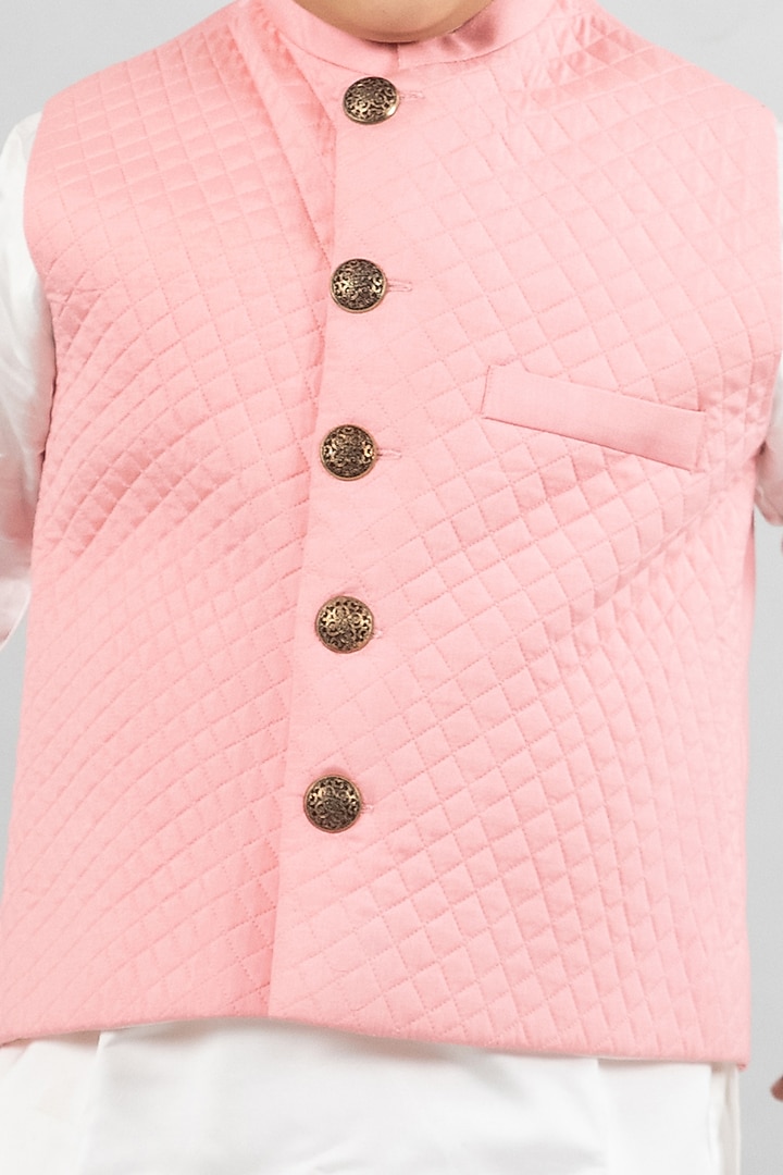 White Tussar Satin Kurta Set With Pink Bundi Jacket For Boys by Darleen Kids Couture at Pernia's Pop Up Shop