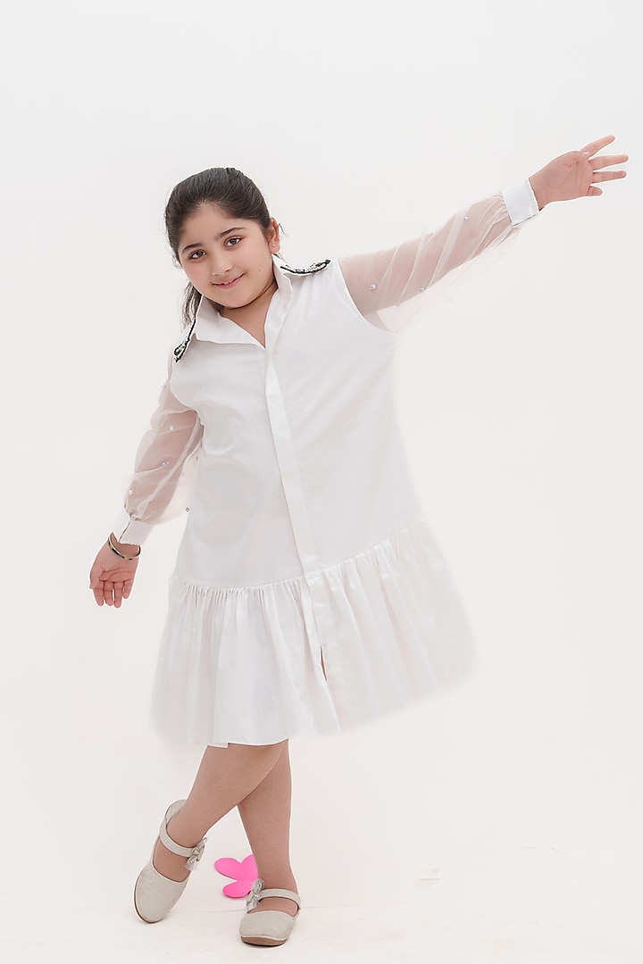 White Cotton Embellished Shirt Dress For Girls by Darleen Kids Couture