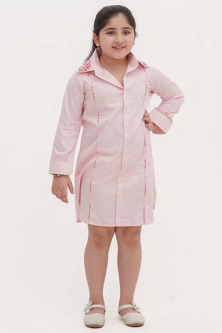 Pink Cotton Embellished Shirt Dress For Girls by Darleen Kids Couture at Pernia's Pop Up Shop