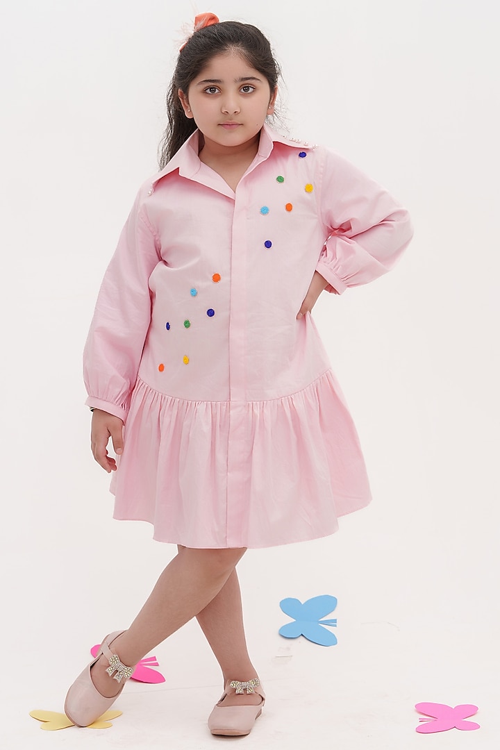 Pink Cotton Embellished Shirt Dress For Girls by Darleen Kids Couture at Pernia's Pop Up Shop